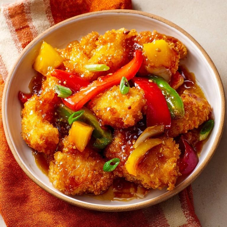Knusprige Ananas-Garnelen in einer Schüssel serviert, mit Paprika und Ananasstücken sowie einer leckeren Soße garniert.