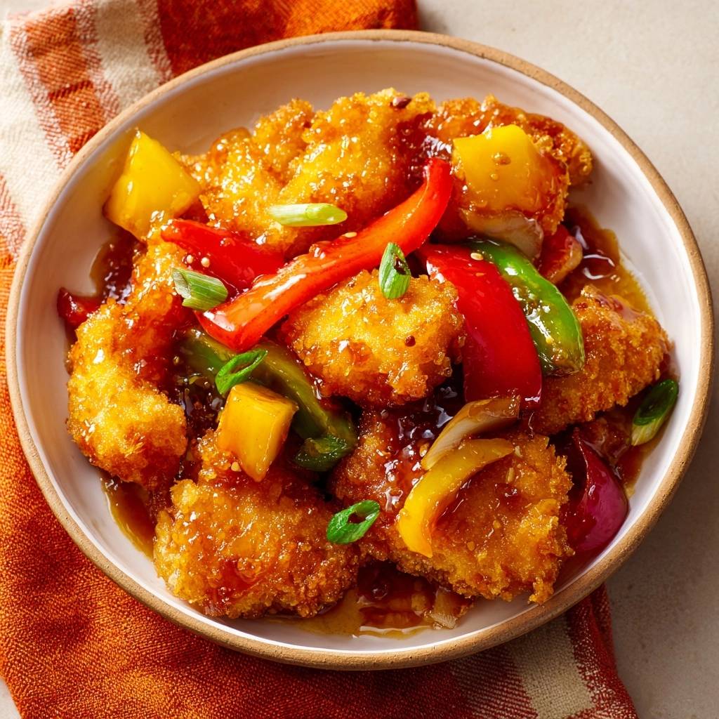 Knusprige Ananas-Garnelen in einer Schüssel serviert, mit Paprika und Ananasstücken sowie einer leckeren Soße garniert.