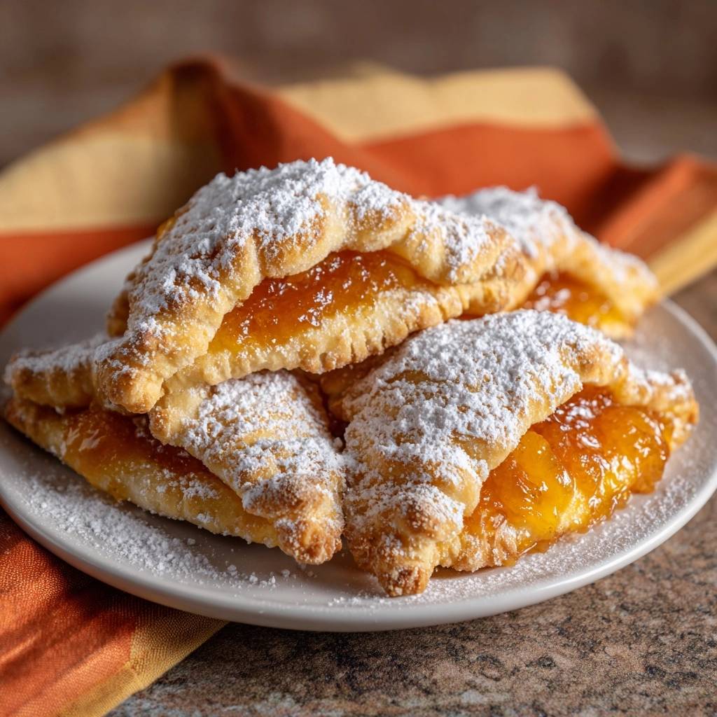 Knusprige Aprikosen-Blätterteig-Taschen serviert auf einem weißen Teller, bestäubt mit Puderzucker und daneben ein orangefarbenes Küchentuch.