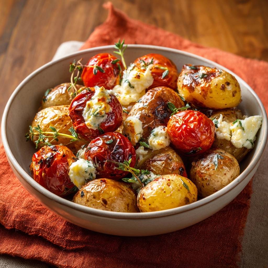 Knusprige Babykartoffeln Mit Tomaten Und Feta Draufsicht 1 Knusprige Babykartoffeln mit Tomaten und Feta in einer Schüssel, von oben betrachtet, mit frischen Kräutern und köstlichem Feta-Käse.