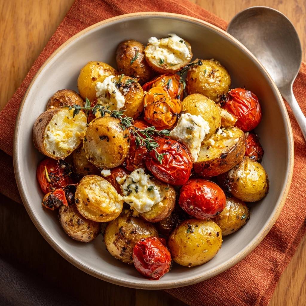 Knusprige Babykartoffeln mit Tomaten und Feta, serviert in einer Schüssel, von oben fotografiert, mit frischen Kräutern garniert.