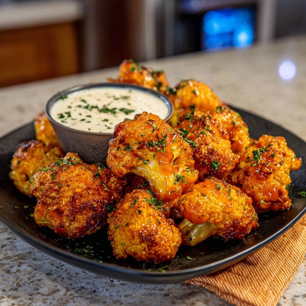 Knusprige Buffalo-Blumenkohl-Wings serviert auf einem schwarzen Teller, garniert mit frischer Petersilie und serviert mit einem cremigen Dip.