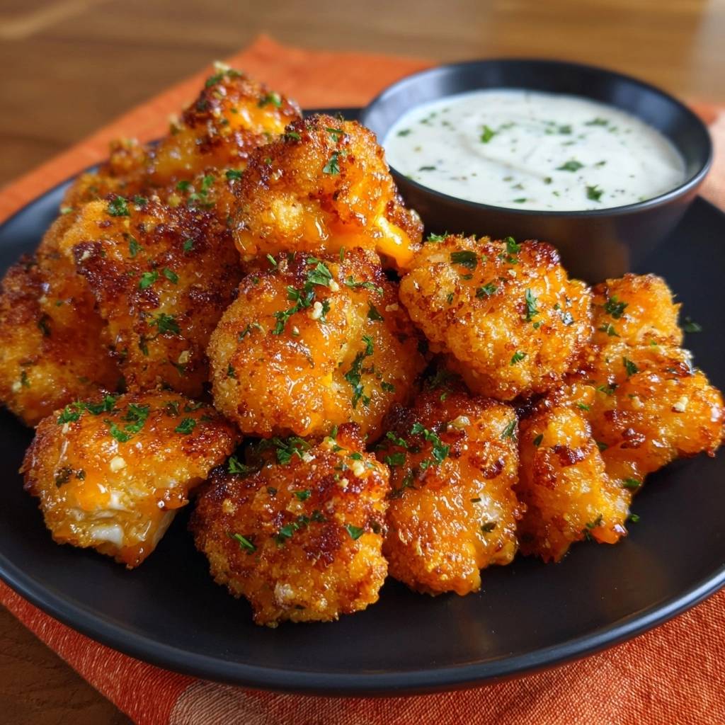 Knusprige Buffalo-Blumenkohl-Wings serviert auf einem schwarzen Teller mit cremiger Dip-Sauce, garniert mit frischer Petersilie.
