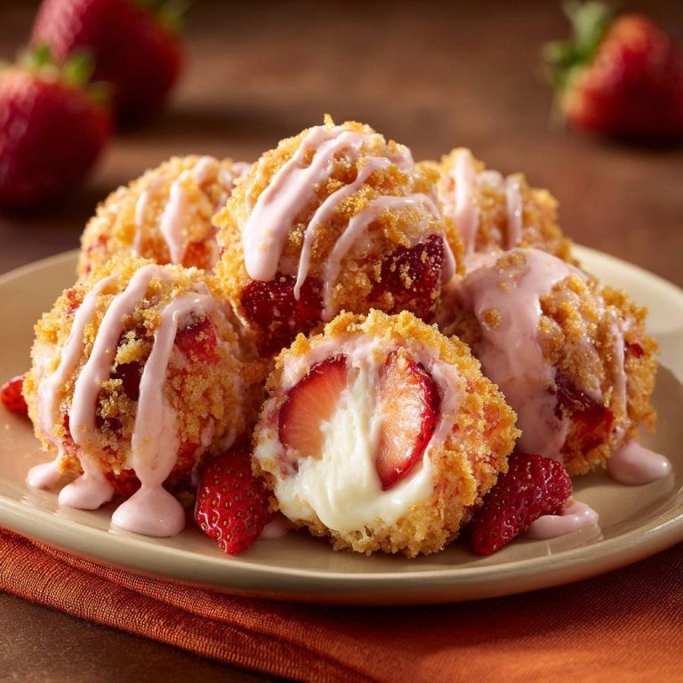 Knusprige Erdbeer-Cheesecake-Bällchen zeigen einen verführerischen Querschnitt mit cremiger Füllung und frischen Erdbeeren. Die frittierten Bällchen sind mit Erdbeersauce verziert.