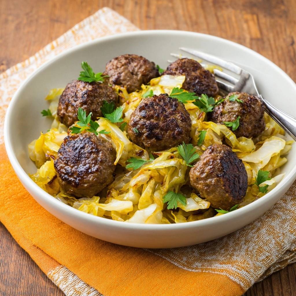 Knusprige Frikadellen Mit Sauerkraut Serviert 1 Knusprige Frikadellen mit Sauerkraut werden in einer Schüssel serviert und mit frischer Petersilie garniert, bereit zum Genuss.