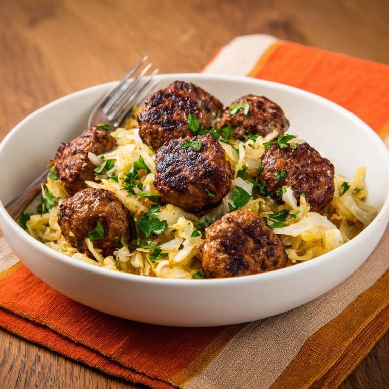 Knusprige Frikadellen mit Sauerkraut serviert in einer weißen Schüssel, garniert mit frischer Petersilie und angerichtet auf einem bunten Tischtuch.