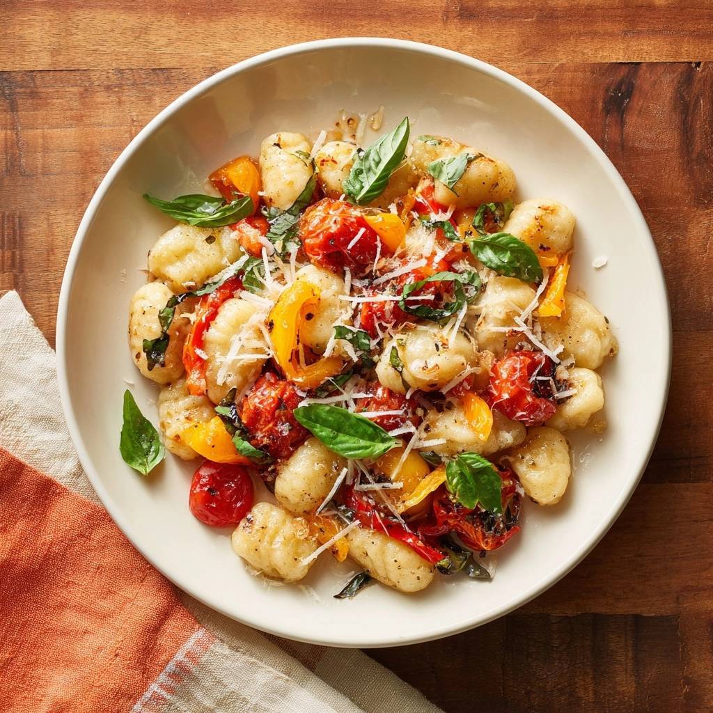 Knusprige Gnocchi mit geröstetem Paprika-Gemüse, serviert in einer cremefarbenen Schüssel, garniert mit frischem Basilikum und geriebenem Parmesan.