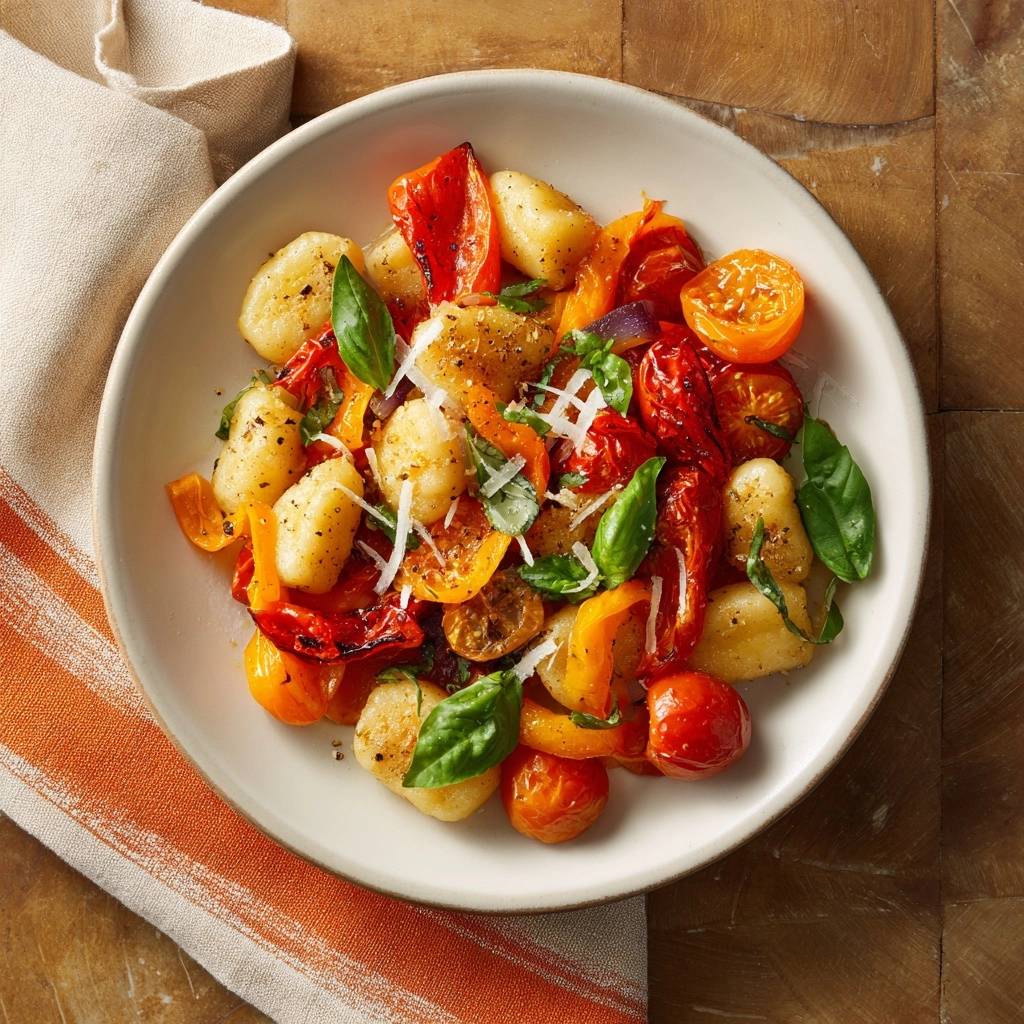 Knusprige Gnocchi mit geröstetem Paprika-Gemüse in einer Schüssel, garniert mit frischem Basilikum und geriebenem Käse, von oben fotografiert.