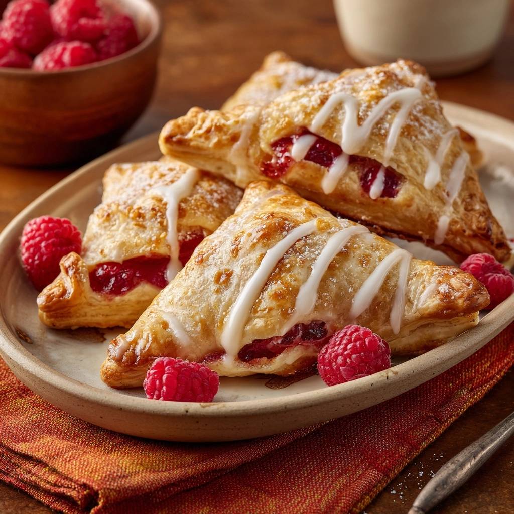Knusprige Himbeertaschen serviert auf einem rustikalen Teller, mit frischen Himbeeren dekoriert und mit Zuckerguss verziert.