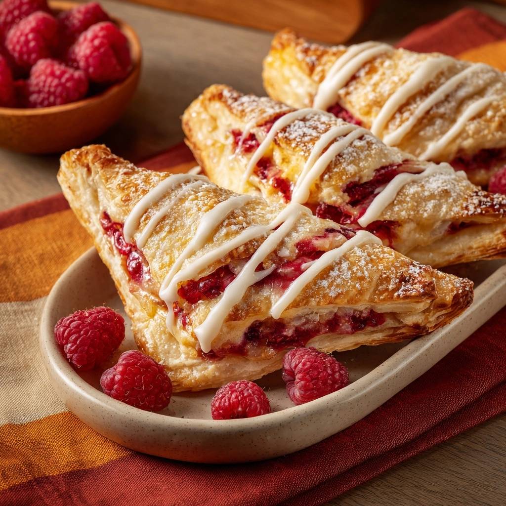 Knusprige Himbeertaschen, serviert auf einem rustikalen Teller, mit frischen Himbeeren dekoriert und mit Puderzucker bestäubt.