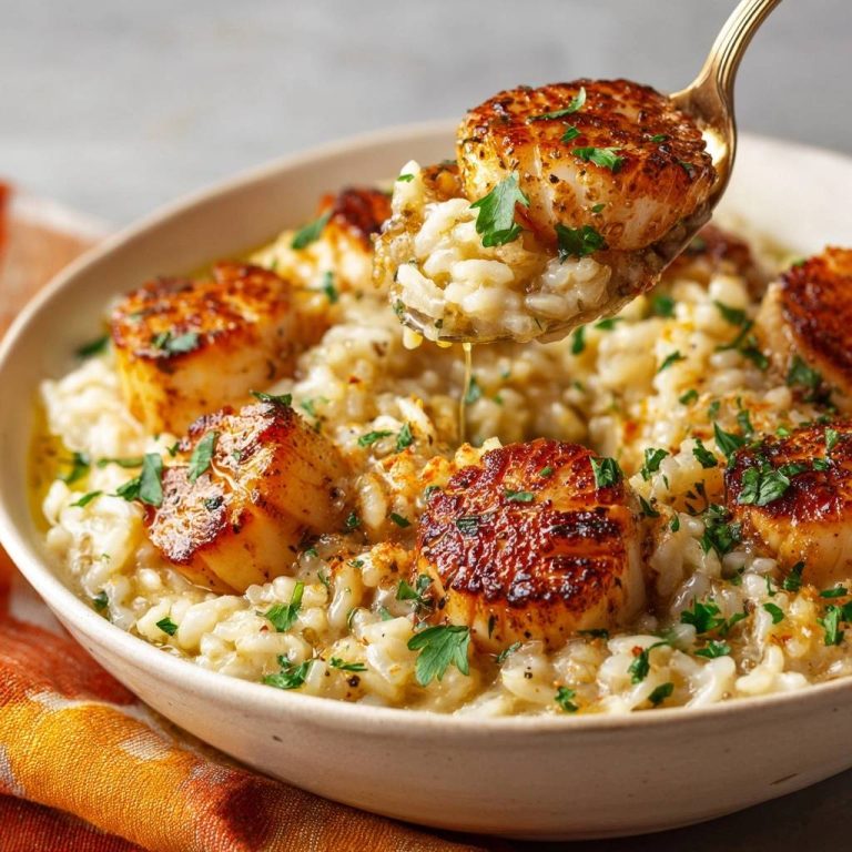 Knusprige Jakobsmuscheln auf cremigem Risotto, eine Löffelaufnahme zeigt die Textur des Gerichts und die gebratenen Jakobsmuscheln.