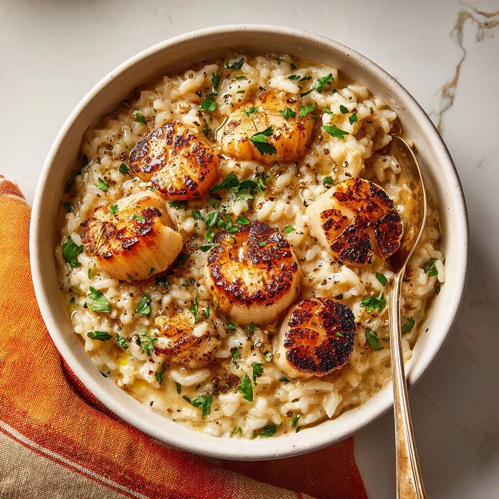 Knusprige Jakobsmuscheln Auf Cremigem Risotto Nahaufnahme 1 Knusprige Jakobsmuscheln auf cremigem Risotto, eine Nahaufnahme des Gerichts mit goldbraunen Jakobsmuscheln und einem Löffel.
