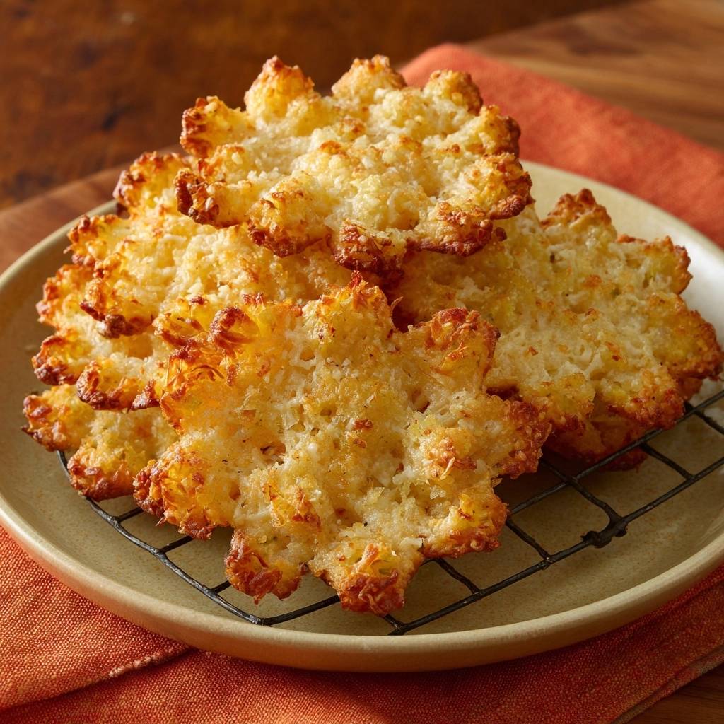 Knusprige Kartoffelblumen liegen auf einem schwarzen Kühlgitter und warten darauf, serviert zu werden. Die goldenen Blüten sind ultra-knusprig.