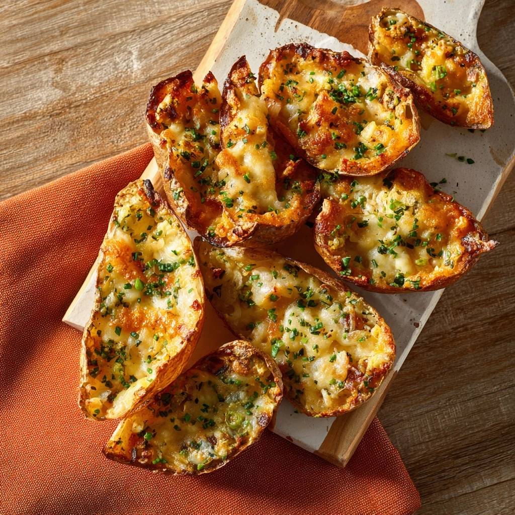Knusprige Käse-Kartoffel-Wedges von oben: Gebackene Kartoffelhälften mit geschmolzenem Käse und frischen Kräutern auf einem rustikalen Brett.