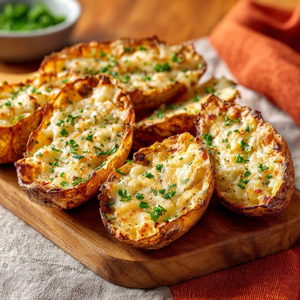 Knusprige Kase Kartoffel Wedges Serviert 1 Knusprige Käse-Kartoffel-Wedges serviert auf einem Holzbrett, garniert mit frischer Petersilie und golden gebacken. Ein köstliches Gericht.