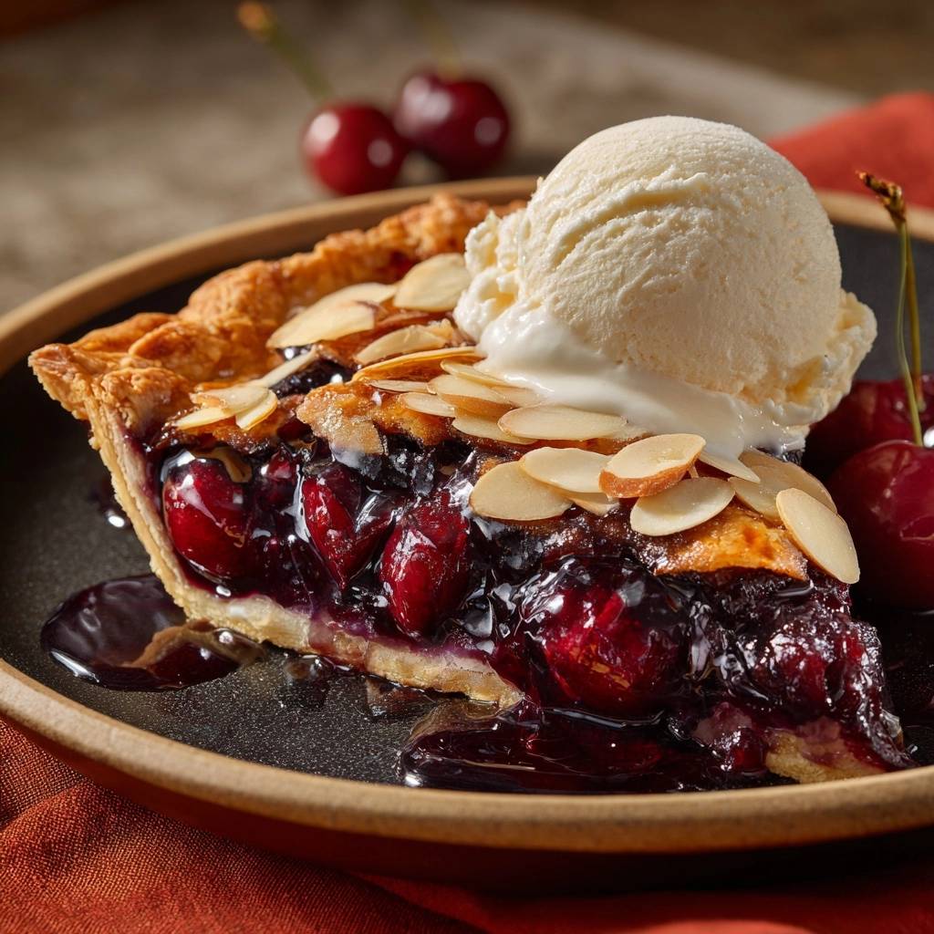 Knusprige Kirsch Mandel Tarte Querschnitt 1 Knusprige Kirsch-Mandel-Tarte: Eine Nahaufnahme des Anschnitts zeigt die saftige Kirschfüllung und den knusprigen Teig.