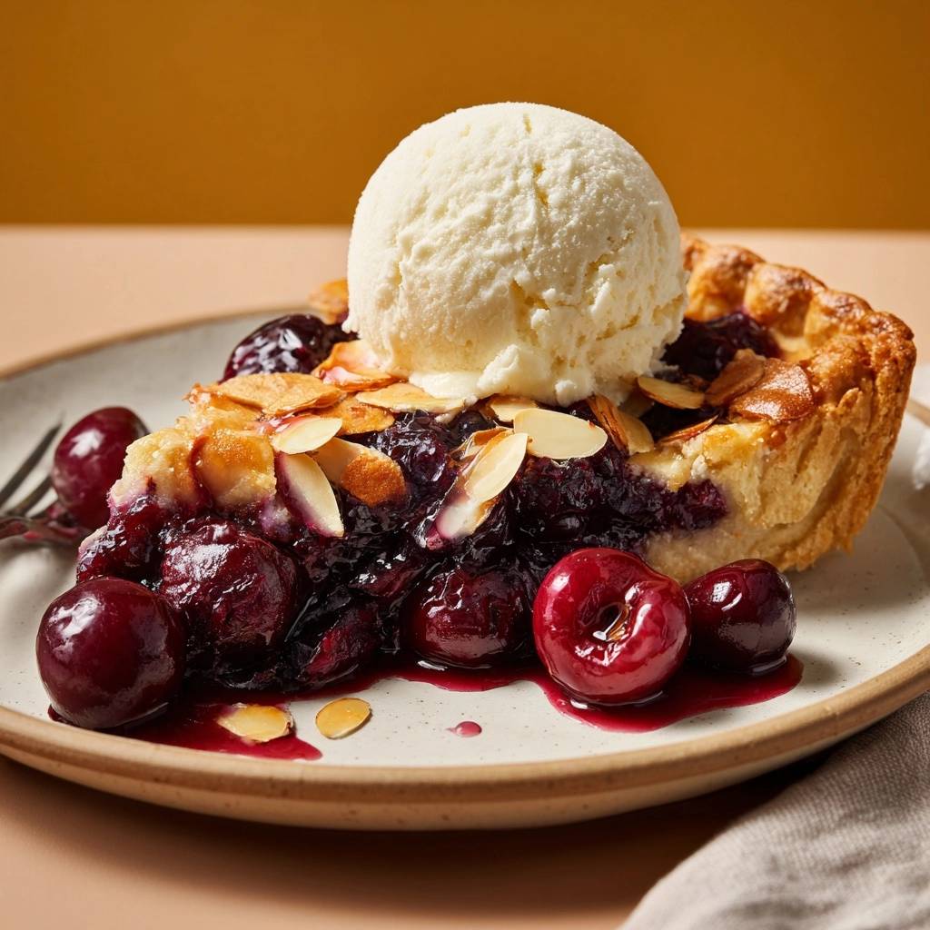 Knusprige Kirsch-Mandel-Tarte, serviert auf einem Teller, mit einer Kugel Vanilleeis und Mandelblättchen garniert.