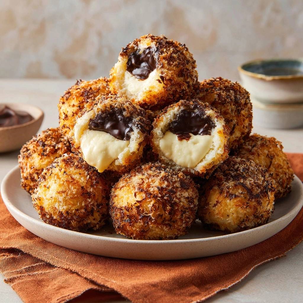 Knusprige Kokos-Schoko-Creme-Bällchen, mit einem Anschnitt, der das cremige Schokoladen- und Vanille-Innere zeigt, serviert auf einem Teller.