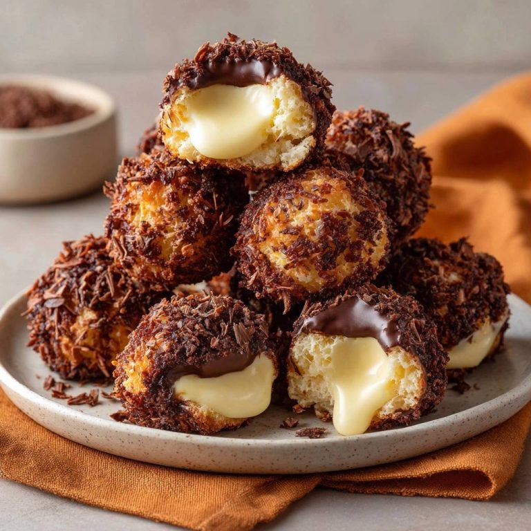 Knusprige Kokos-Schoko-Creme-Bällchen: Nahaufnahme eines Bällchens mit cremigem Vanille-Kern, umhüllt von Schokolade und Kokosraspeln.