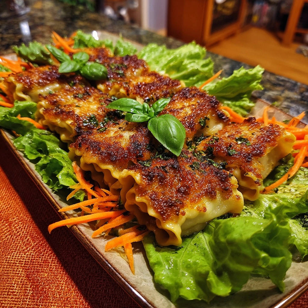 Knusprige Lasagne-Röllchen auf frischem Salat, goldbraun gebraten, garniert mit frischem Basilikum und serviert auf einem Bett aus knackigem Salat und Karotten.