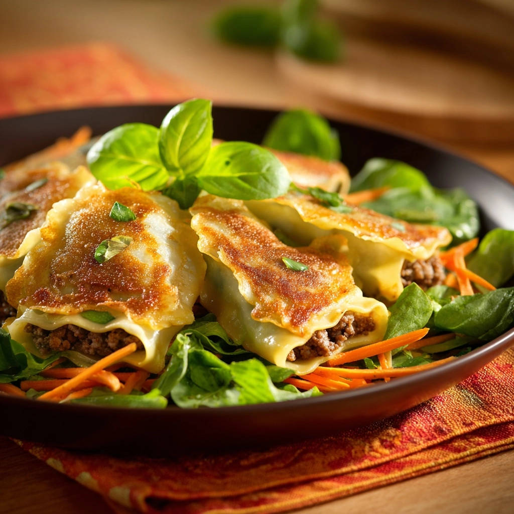 Knusprige Lasagne Roellchen Auf Salat Nahaufnahme 1 Knusprige Lasagne-Röllchen auf frischem Salat in Nahaufnahme, goldbraun gebraten und mit frischem Basilikum garniert, serviert auf einem rustikalen Teller.