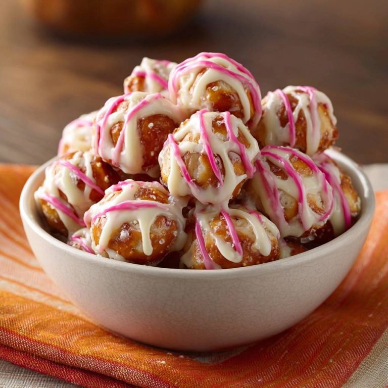 Knusprige Mini-Brezelbällchen mit Vanille-Erdbeer-Guss in einer Schüssel, von oben betrachtet, mit köstlichem rosa und weißem Guss.