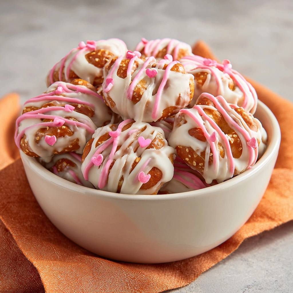 Knusprige Mini-Brezelbällchen mit Vanille-Erdbeer-Guss in einer Nahaufnahme, die die zarte Glasur und die rosa Dekorationen zeigt.