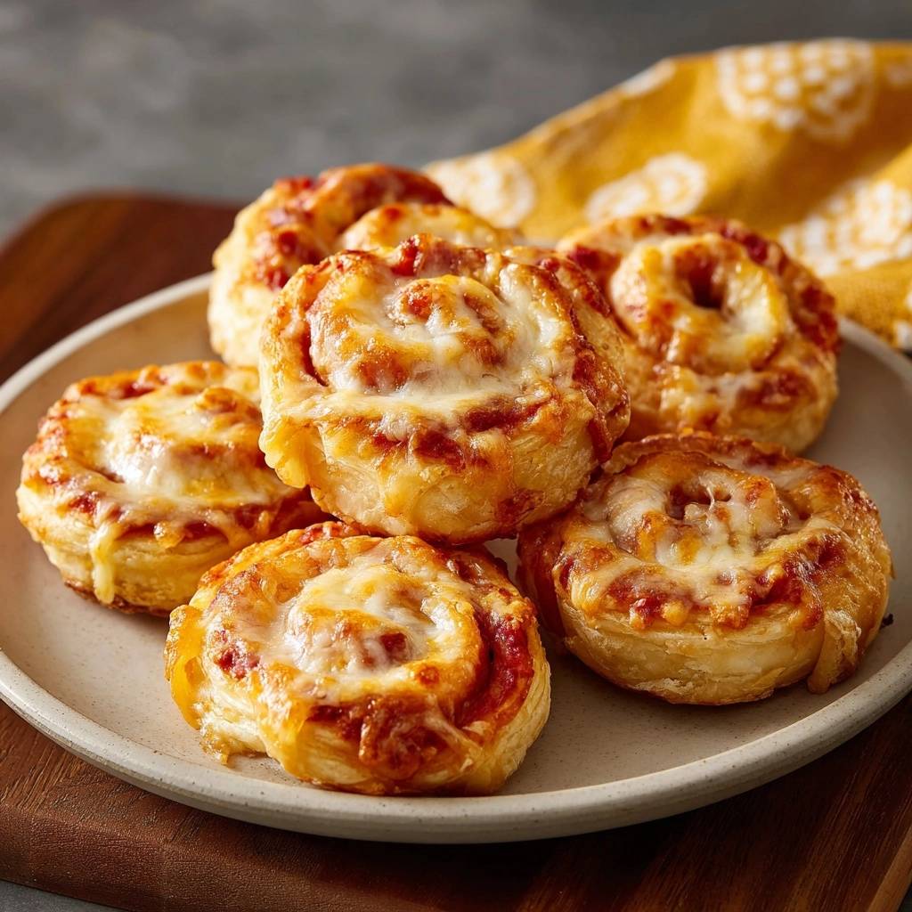 Knusprige Mini-Pizza-Schnecken auf einem Teller, nahaufnahme mit geschmolzenem Käse und tomatiger Füllung.