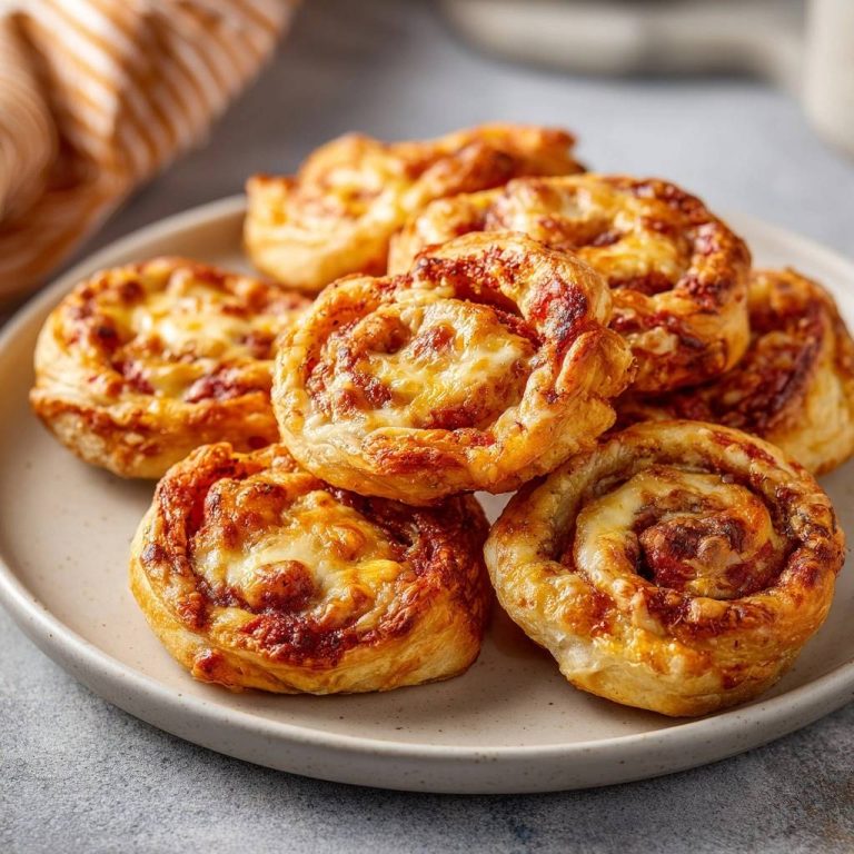 Knusprige Mini-Pizza-Schnecken serviert auf einem hellen Teller, mit goldbraun gebackenem Käse und Tomatensauce. Eine köstliche Mahlzeit.