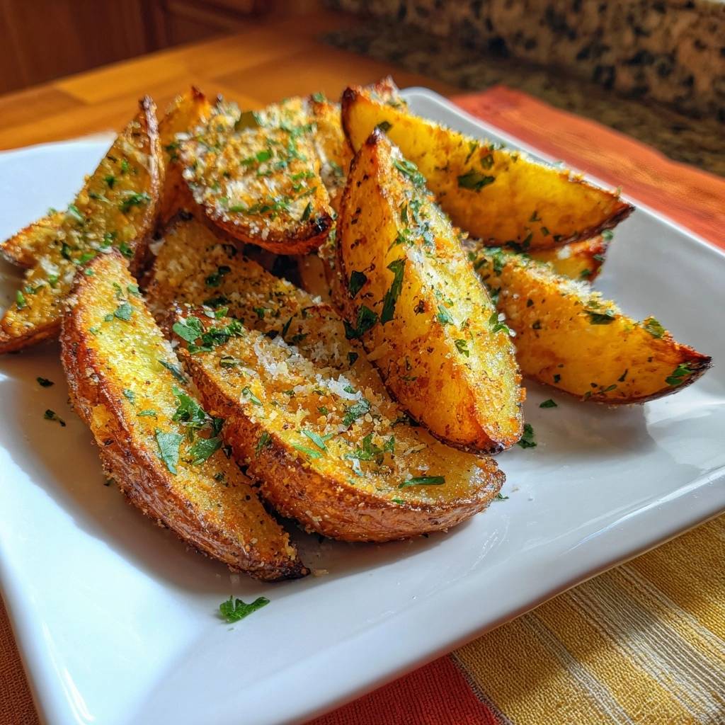Knusprige Parmesan-Kartoffelwedges, serviert auf einem weißen Teller, sind mit frisch gehackter Petersilie und Parmesan garniert.
