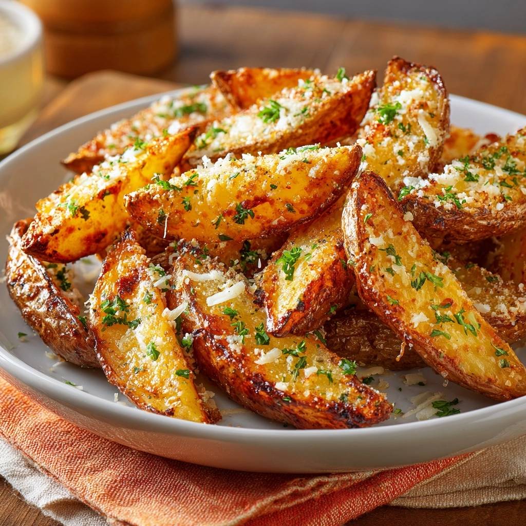 Knusprige Parmesan-Kartoffelwedges, serviert auf einem weißen Teller, sind mit frisch geriebenem Parmesan und Kräutern garniert.