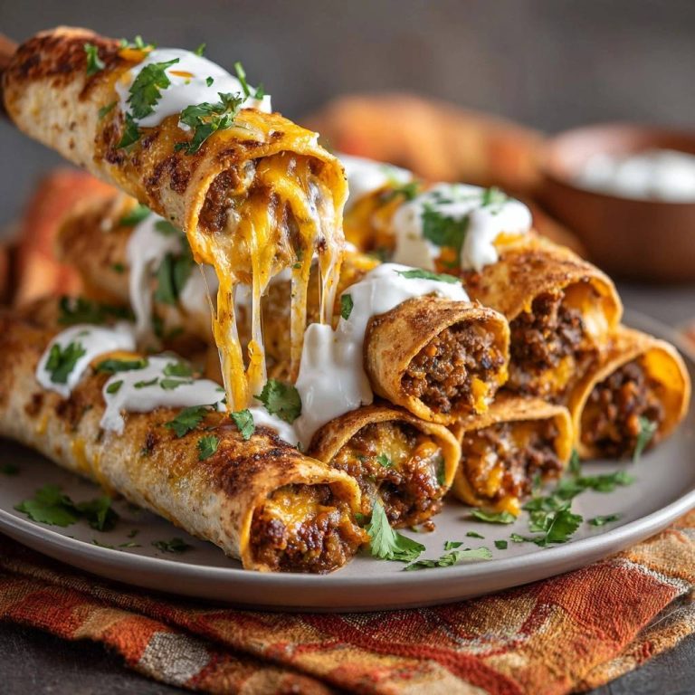 Knusprige Rindfleisch-Taquitos mit geschmolzenem Käse, der sich zieht, serviert mit frischem Koriander und Sauerrahm.