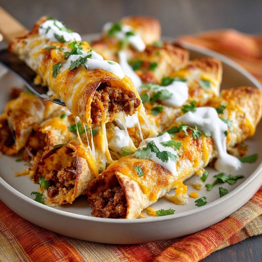 Knusprige Rindfleisch-Taquitos mit geschmolzenem Käse, der sich zieht, serviert auf einem Teller und mit Sauerrahm garniert.