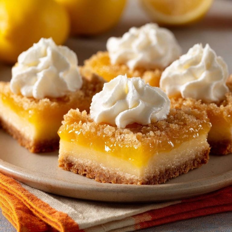 Knusprige Zitronen-Streusel-Bars serviert mit einem großzügigen Klecks Schlagsahne, die auf einem Teller angerichtet sind.