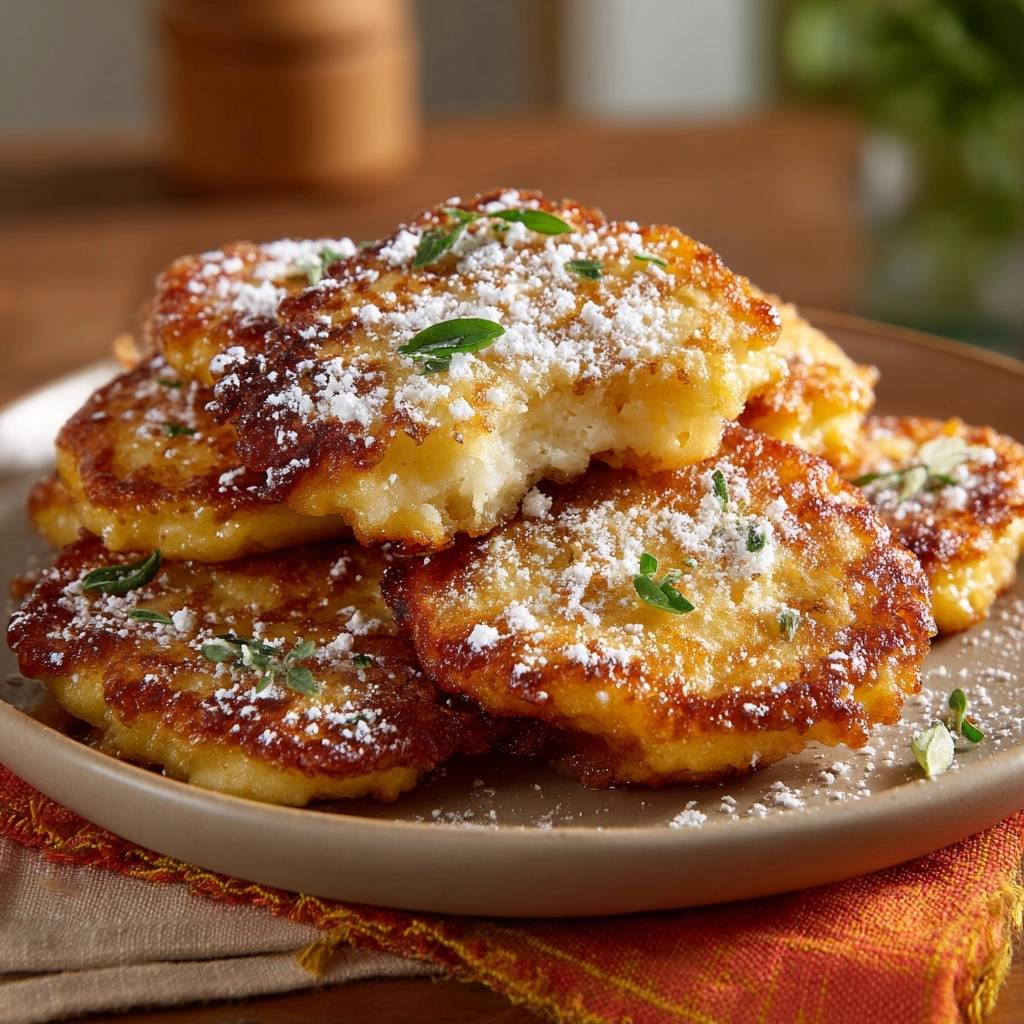 Knusprige Zucchini-Parmesan-Fritters, angeschnitten, zeigen eine leicht cremige Textur im Inneren und sind mit Puderzucker bestäubt.