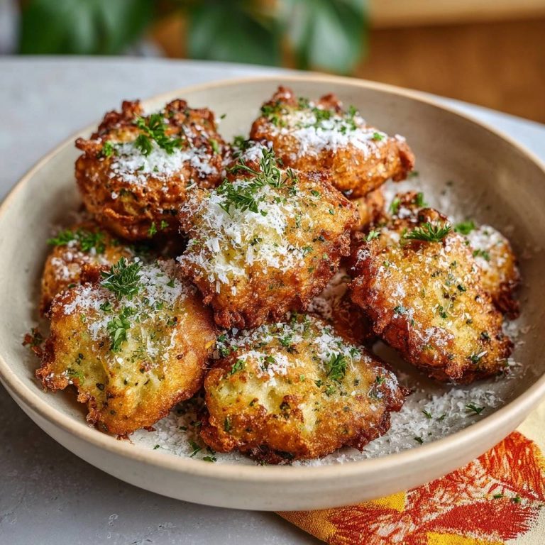 Knusprige Zucchini-Parmesan-Fritters, serviert in einer cremefarbenen Schüssel, garniert mit Parmesan und frischer Petersilie.