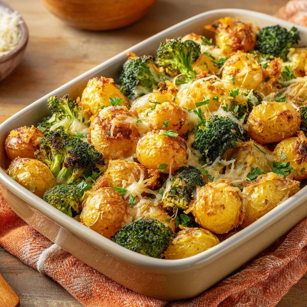 Knuspriger Brokkoli Kartoffel Auflauf Draufsicht 1 Knuspriger Brokkoli-Kartoffel-Auflauf, eine köstliche Draufsicht, zeigt goldbraune Kartoffeln und Brokkoli mit geschmolzenem Käse. Dieses Gericht ist perfekt gebacken und knusprig.