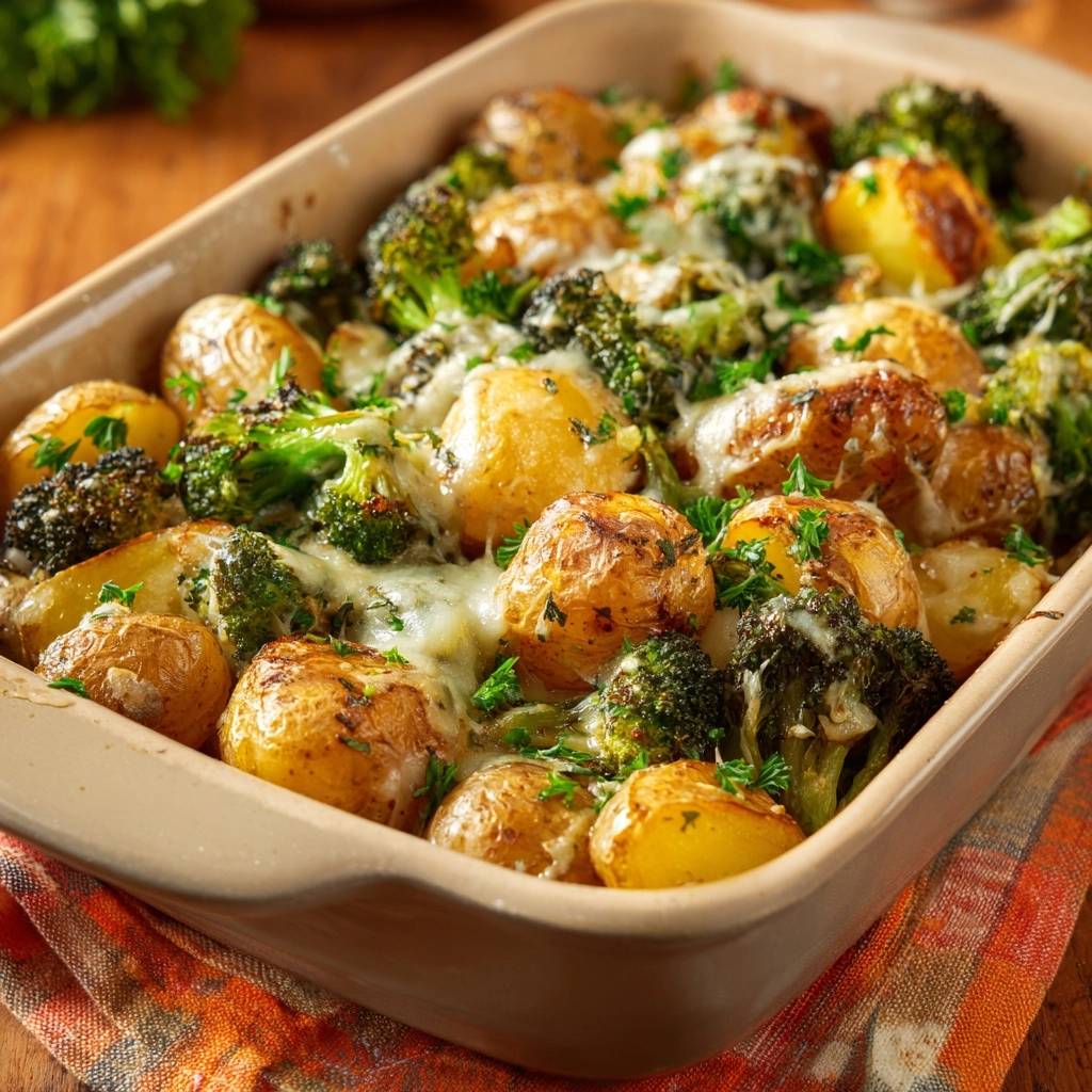 Knuspriger Brokkoli-Kartoffel-Auflauf, eine köstliche Draufsicht, präsentiert mit goldbraunen Kartoffeln, Brokkoli und geschmolzenem Käse.
