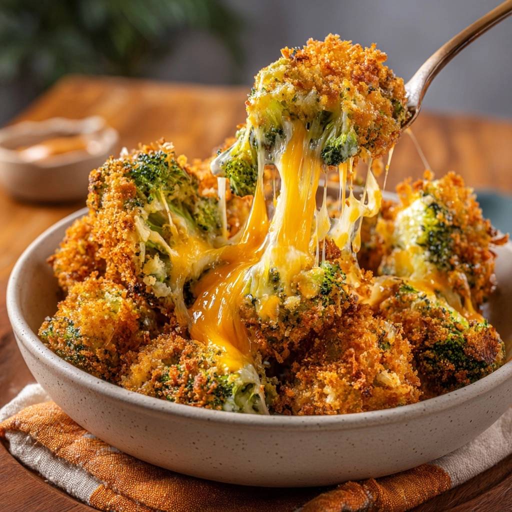 Knuspriger Brokkoli mit Käseüberzug, serviert in einer Schüssel, mit geschmolzenem Käse, der sich zieht. Ein detailreiches Nahaufnahme-Arrangement.