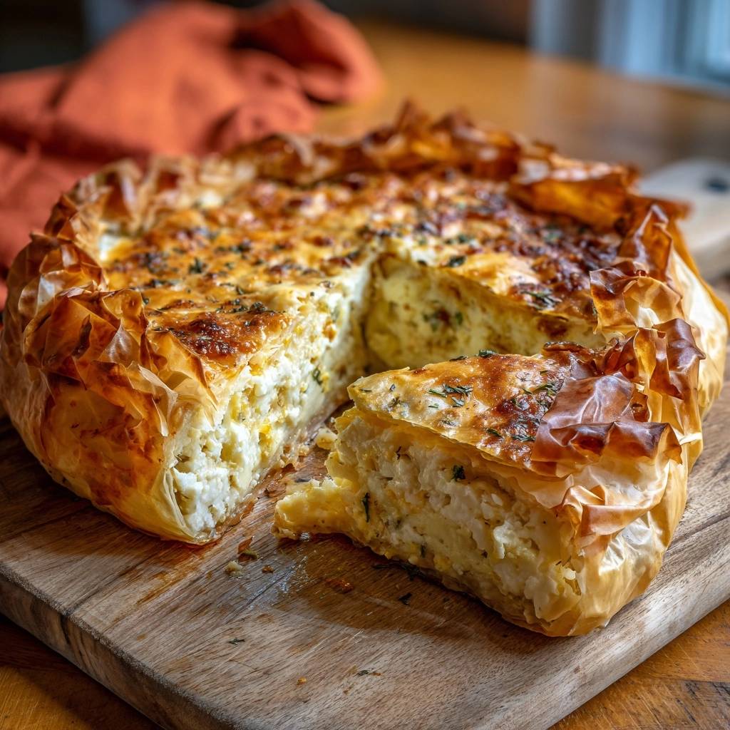 Knuspriger Feta Boerek Querschnitt Nahaufnahme 1 Knuspriger Feta-Börek im Anschnitt, der die saftige Füllung und die knusprigen Teigschichten offenbart. Ein Stück ist bereits herausgeschnitten.