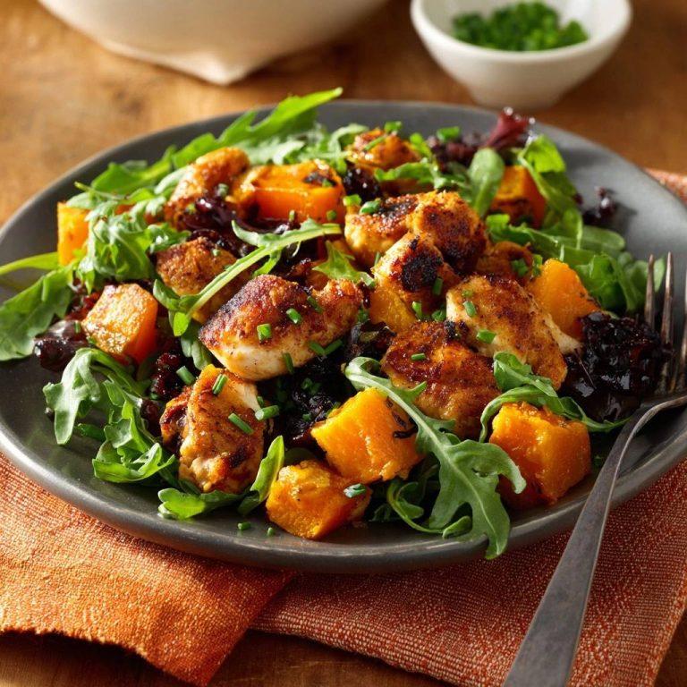 Knuspriger Hähnchen-Kürbis-Salat serviert auf einem grauen Teller, garniert mit frischen Kräutern und köstlichem Dressing.