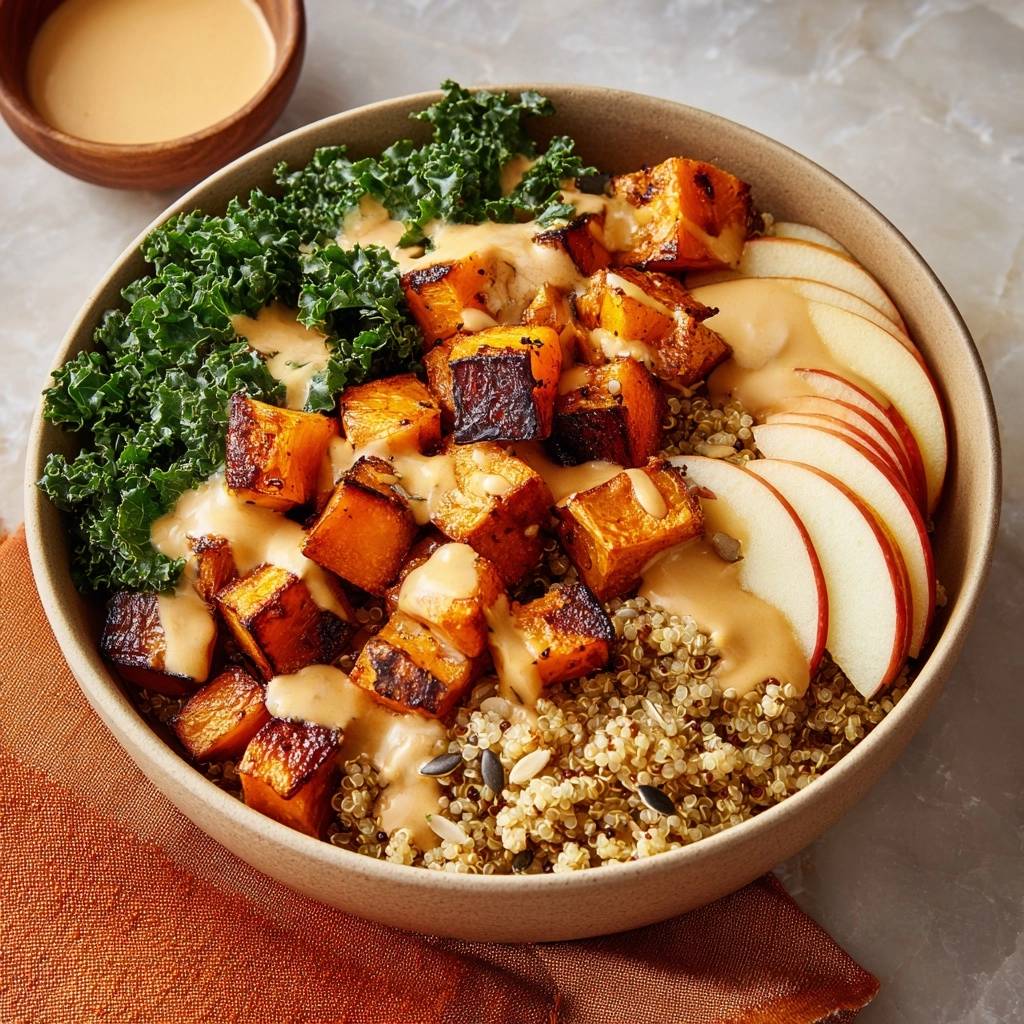 Knuspriger Kuerbis Quinoa Bowl Mit Kale Von Oben 1 Knuspriger Kürbis-Quinoa-Bowl mit Kale und Apfel in einer Schüssel, von oben betrachtet, mit einem cremigen Dressing beträufelt.