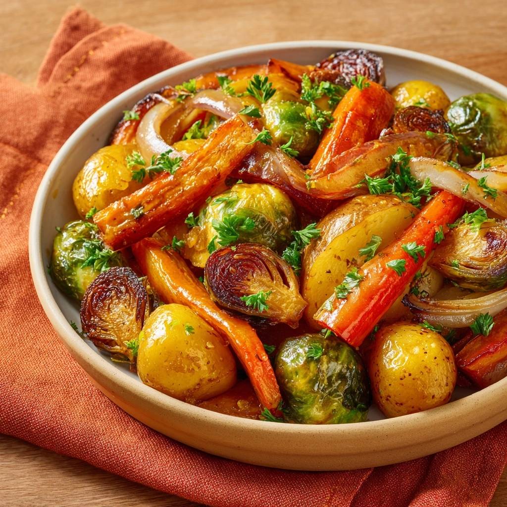 Knuspriger Ofen-Rosenkohl mit Karotten & Kartoffeln, serviert in einer rustikalen Schüssel, zeigt eine appetitliche Draufsicht auf das gebratene Gemüse.