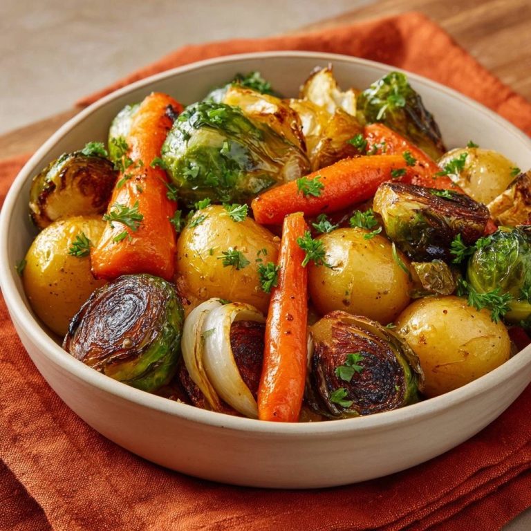 Knuspriger Ofen-Rosenkohl mit Karotten & Kartoffeln, serviert in einer rustikalen Schüssel, garniert mit frischer Petersilie auf einem Tisch.