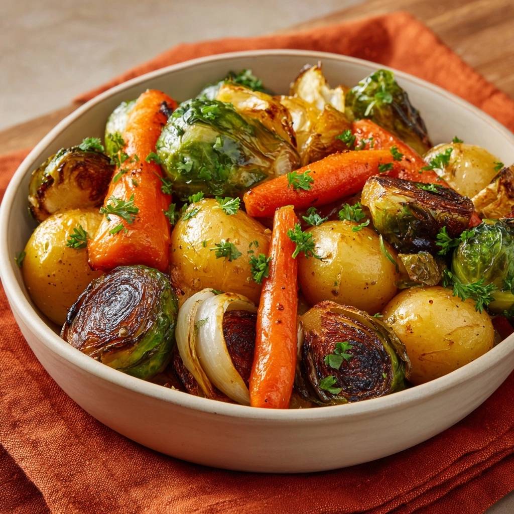 Knuspriger Ofen-Rosenkohl mit Karotten & Kartoffeln, serviert in einer rustikalen Schüssel, garniert mit frischer Petersilie auf einem Tisch.