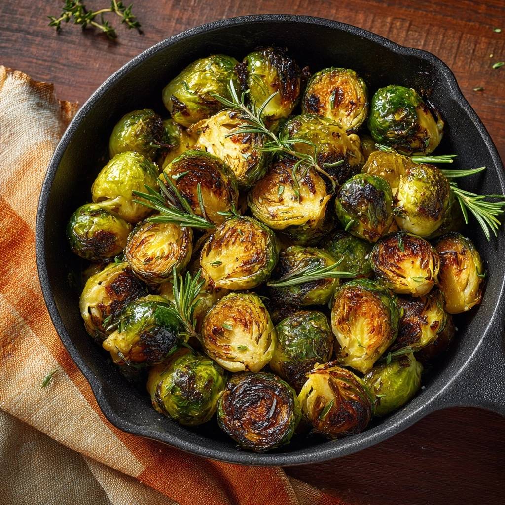 Knuspriger pfannengerösteter Rosenkohl, von oben betrachtet, präsentiert in einer gusseisernen Pfanne mit frischen Kräutern garniert.