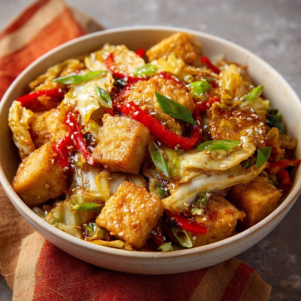 Knuspriger Tofu-Wok mit Pak Choi & Paprika: Eine appetitliche Draufsicht auf das Gericht, garniert mit frischen Kräutern und Sesam.
