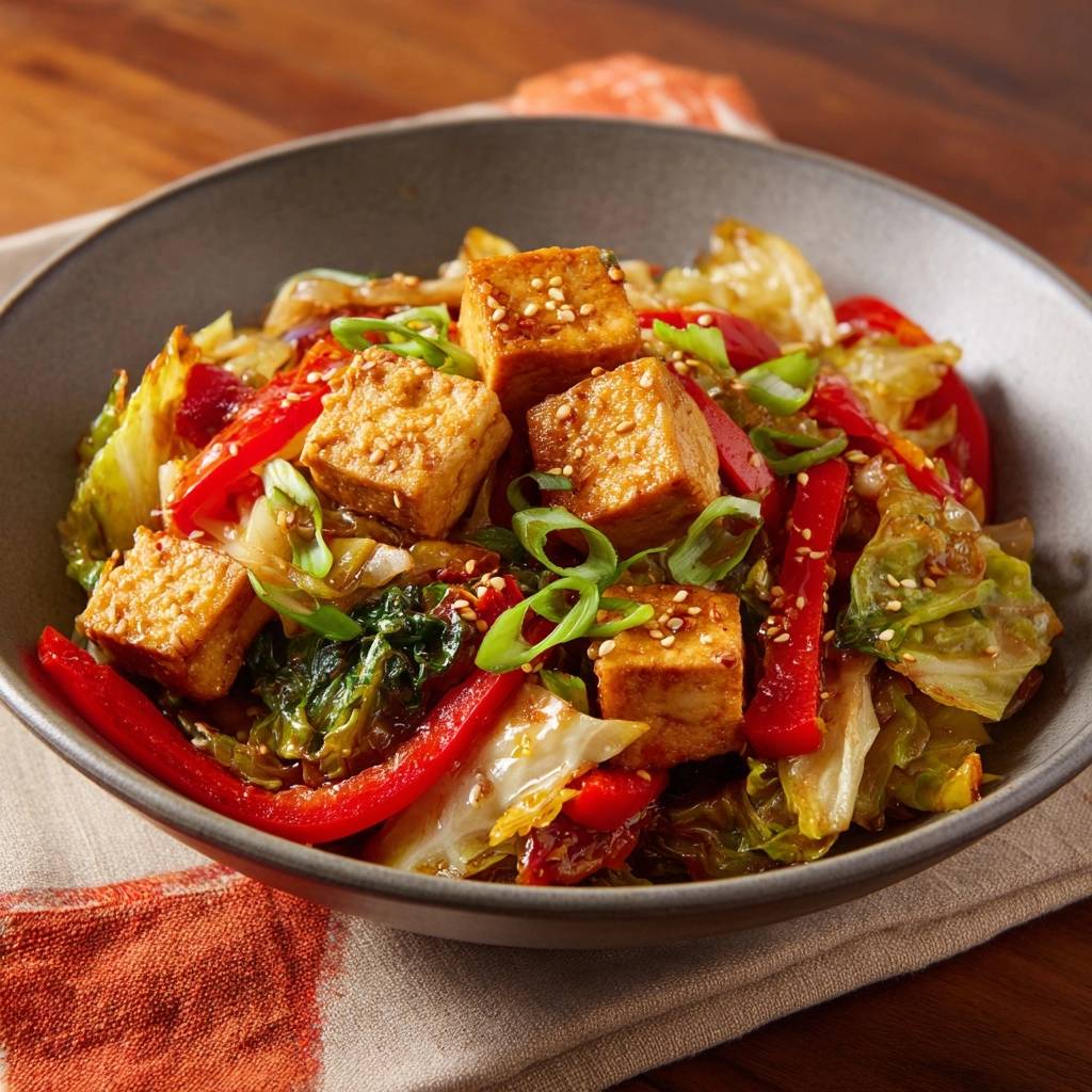 Knuspriger Tofu-Wok mit Pak Choi & Paprika in einer Schüssel, serviert und mit Sesam bestreut, von oben fotografiert.