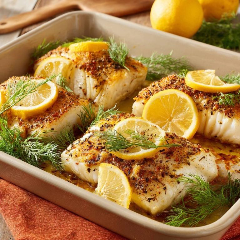 Knuspriger Zitronen-Dill-Kabeljau serviert in einer Auflaufform, garniert mit frischem Dill und Zitronenscheiben. Ein köstliches, leichtes Mittag- oder Abendessen.