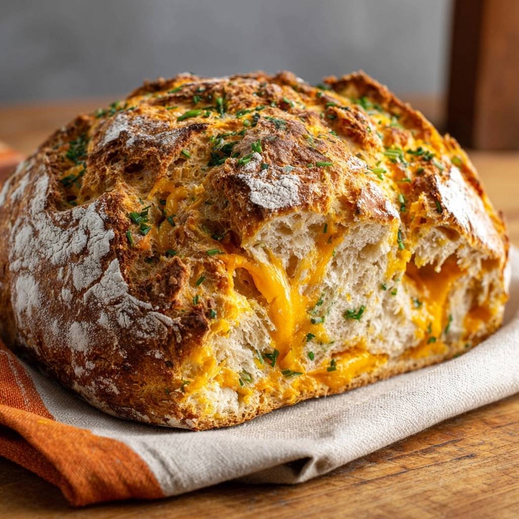 Knuspriges Cheddar Schnittlauch Brot Querschnitt 1 Knuspriges Cheddar-Schnittlauch-Brot zeigt einen saftigen Querschnitt, der geschmolzenen Käse und frische Kräuter offenbart, gebacken bis zur goldenen Perfektion.